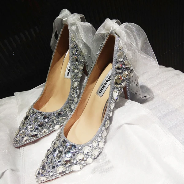 Charmant Argenté Chaussure De Mariée 2019 Noeud Faux Diamant Paillettes 10 cm Talons Aiguilles À Bout Pointu Mariage Escarpins