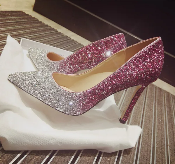 Charmant Dégradé De Couleur Argenté Chaussure De Mariée 2019 Paillettes 10 cm Talons Aiguilles À Bout Pointu Mariage Escarpins