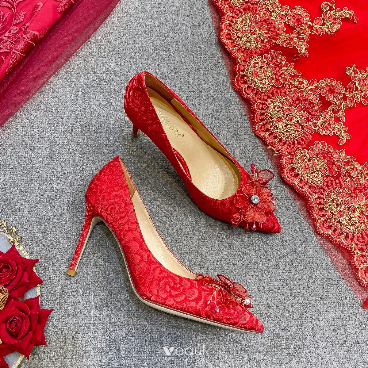 Red lace best sale wedding shoes