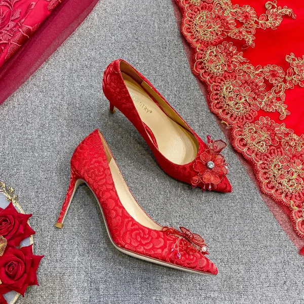 Chinese style Red Lace Flower Wedding Shoes 2021 Leather Rhinestone 9 cm Stiletto Heels Pointed Toe Wedding Pumps High Heels