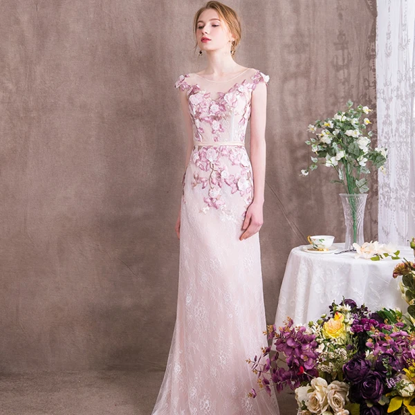 Chic / Beautiful Candy Pink Evening Dresses  2018 Trumpet / Mermaid Appliques Sash Lace Scoop Neck Floor-Length / Long Formal Dresses