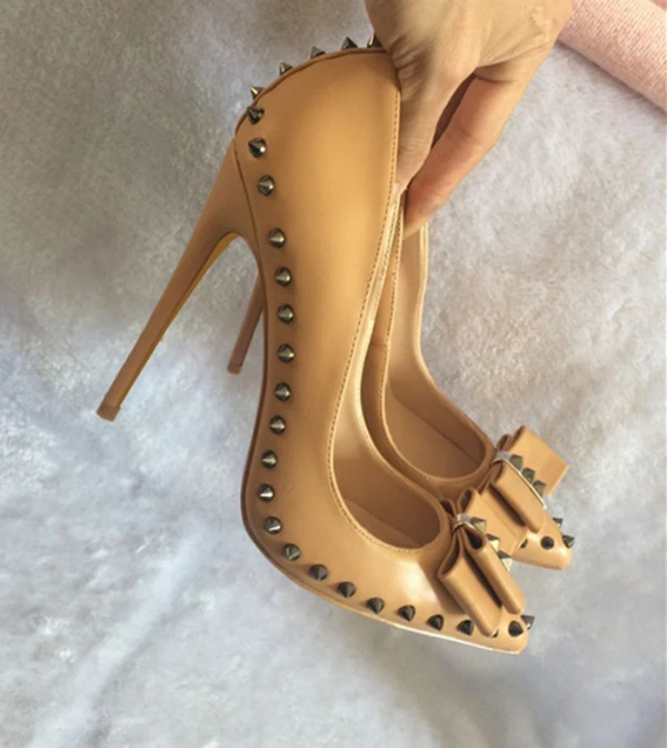 Chic / Beautiful Nude Casual Pumps 2019 Leather Bow Rivet 12 cm Stiletto Heels Pointed Toe Pumps