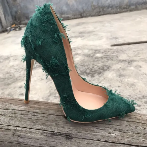 Chic / Beautiful Casual Dark Green Pumps 2019 Leather Tassel 12 cm Stiletto Heels Pointed Toe Pumps
