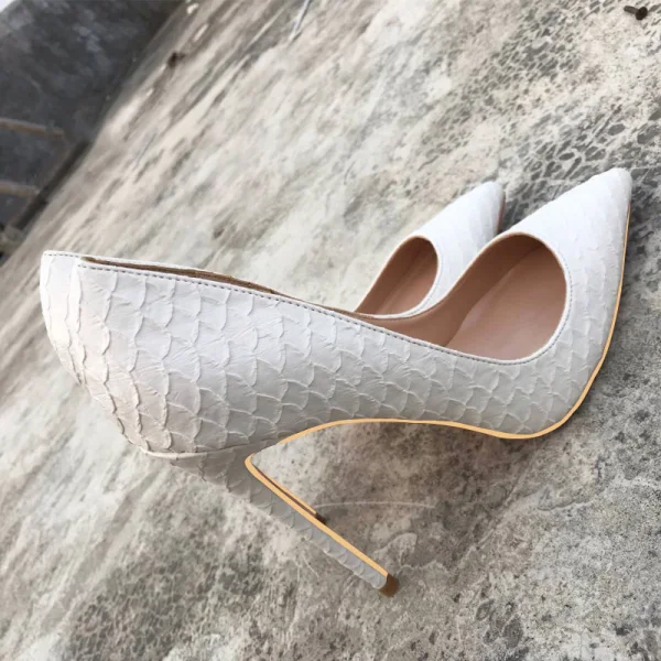 Schöne Weiß Freizeit Pumps 2019 Schlangenhautmuster 12 cm Stilettos Spitzschuh Pumps