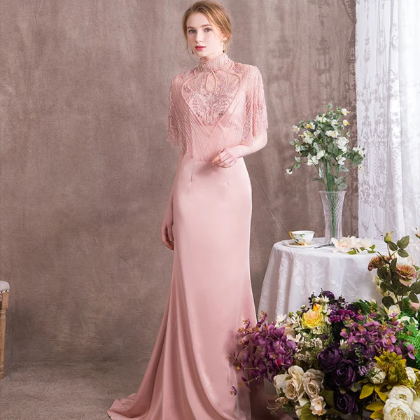 Luxury / Gorgeous Pearl Pink Evening Dresses  2018 Trumpet / Mermaid Beading Crystal Rhinestone Pearl High Neck Backless Short Sleeve Sweep Train Formal Dresses
