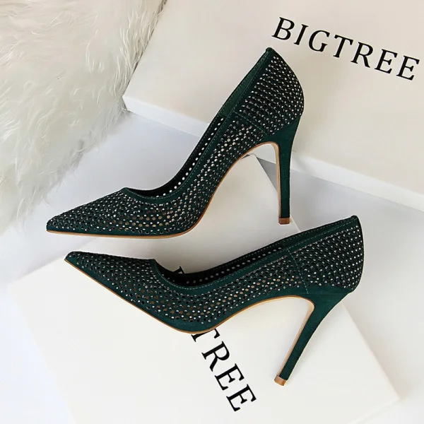 Schöne Schwarz Freizeit Durchbohrt Pumps 2019 Wildleder Strass 9 cm Stilettos Spitzschuh Pumps