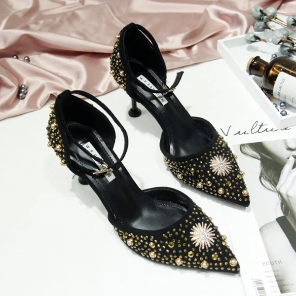 Chic / Beautiful Black Evening Party Womens Shoes 2019 Ankle Strap Pearl Rhinestone 5 cm Stiletto Heels Pointed Toe High Heels