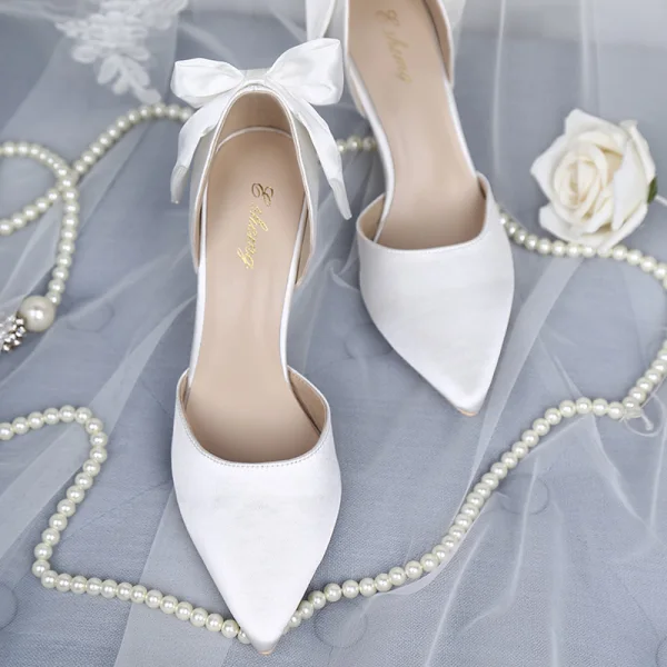Eleganckie Białe Buty Ślubne 2019 Skórzany Satyna Kokarda 8 cm Szpilki Szpiczaste Ślub Czółenka