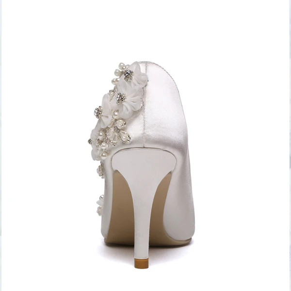 Luxury / Gorgeous White Wedding Shoes 2019 Leather Appliques Pearl Rhinestone 8 cm Stiletto Heels Pointed Toe Wedding Pumps
