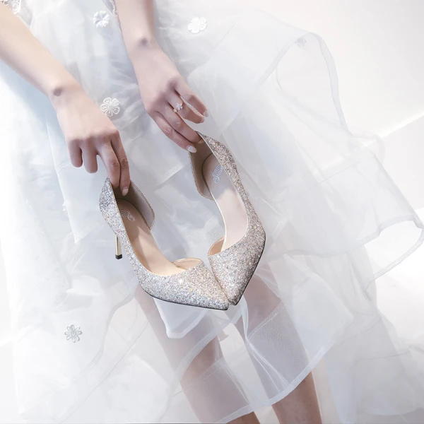 Sparkly Sølv Brudesko 2019 Paljetter 7 cm Stiletthæler Spisse Bryllup Høyhælte