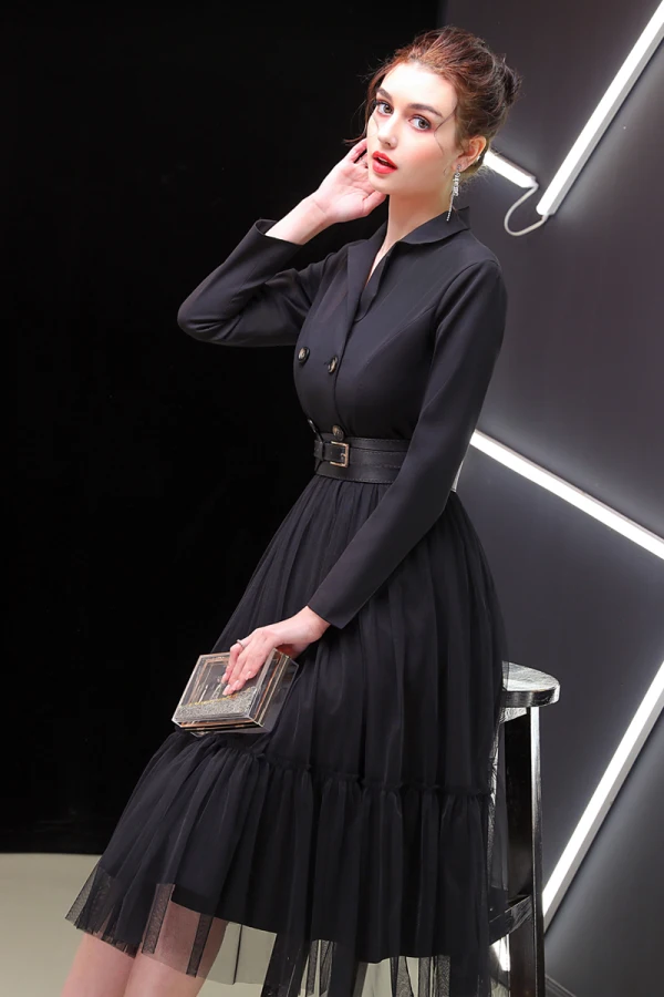 Elegant Black Evening Dresses  2019 A-Line / Princess V-Neck Sash Long Sleeve Tea-length Formal Dresses