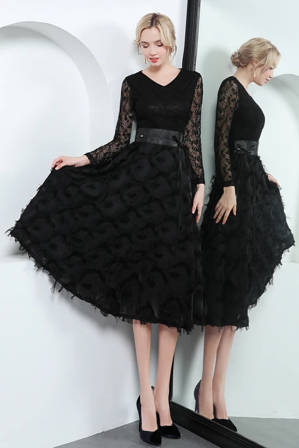 Elegant Black Evening Dresses  2019 A-Line / Princess V-Neck Lace Tassel Bow Long Sleeve Knee-Length Formal Dresses