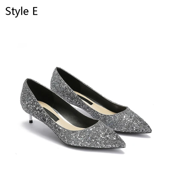 Schöne Silber Abend Pumps 2019 Leder Pailletten 4 cm Stilettos Spitzschuh Low Heel Pumps
