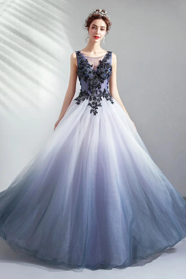 Élégant Dégradé De Couleur Robe De Soirée 2019 Princesse Encolure Dégagée Perlage Paillettes Perle Cristal En Dentelle Fleur Sans Manches Dos Nu Longue Robe De Ceremonie