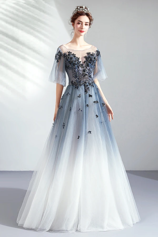 Elegant Gradient-Color Evening Dresses 2019 A-Line / Princess Scoop Neck Beading Pearl Lace Flower 1/2 Sleeves Backless Floor-Length / Long Formal Dresses