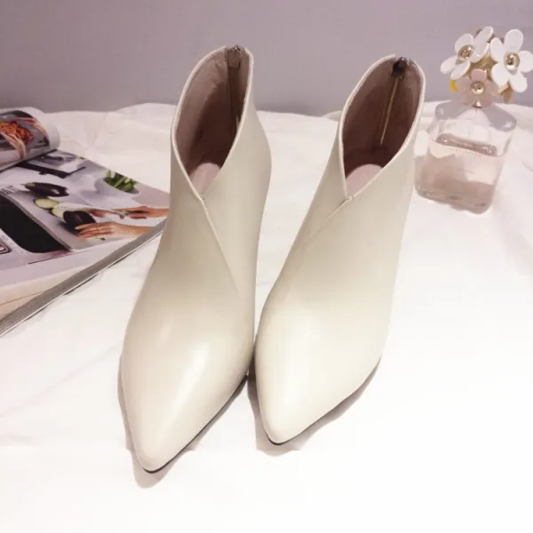 Simple Beige Désinvolte Bottes Femme 2019 Cuir 7 cm Talons Aiguilles À Bout Pointu Bottes