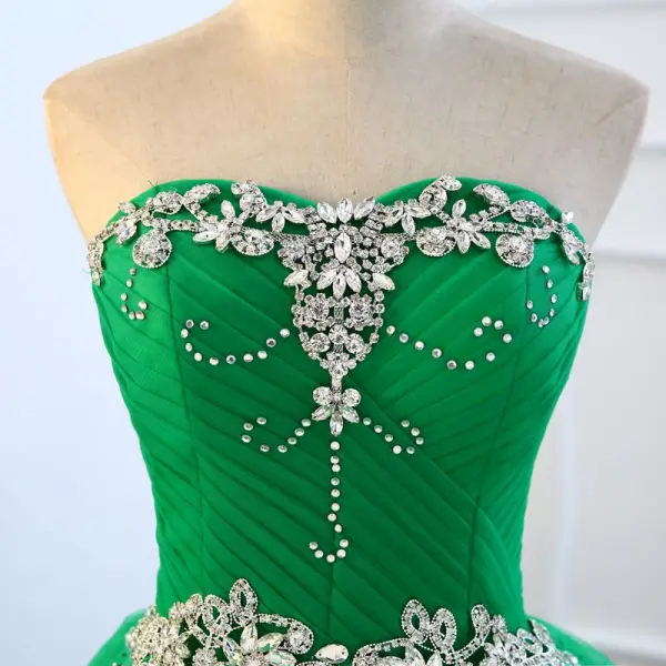 Vintage Grønn Quinceañera Ballkjoler 2018 Ballkjole Rhinestone Paljetter Kjæreste Ryggløse 1/2 Ermer Lange Formelle Kjoler