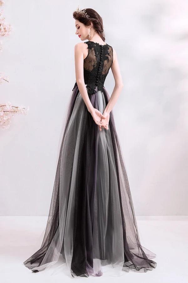 Chic / Beautiful Black Evening Dresses 2019 A-Line / Princess V-Neck Lace Flower Buttons Sleeveless Floor-Length / Long Formal Dresses