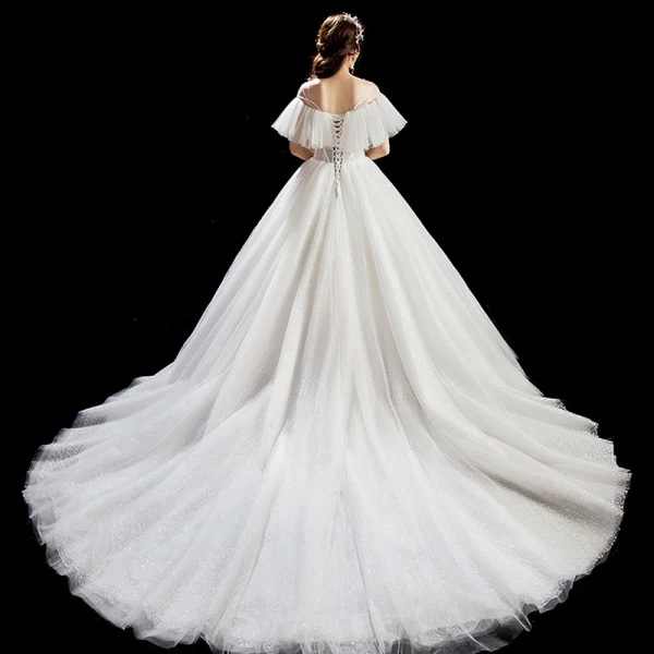 Chic / Beautiful Ivory Wedding Dresses 2019 Ball Gown Scoop Neck Sequins Backless Short Sleeve Chapel Train