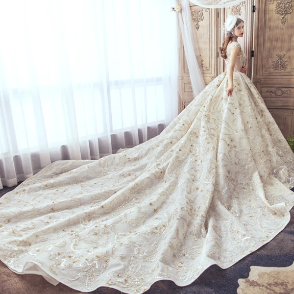 Luxury / Gorgeous Champagne Handmade Beading Wedding Dresses 2019 A-Line / Princess Scoop Neck Lace Flower Star Sequins Cap Sleeves Backless Cathedral Train