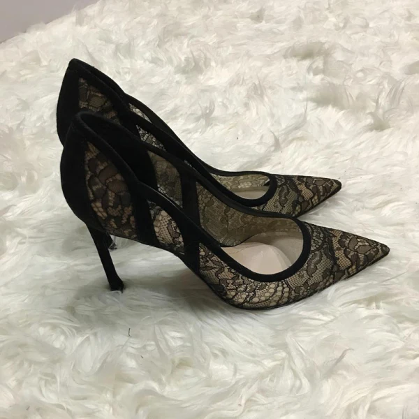 Chic / Beautiful Nude Wedding Shoes 2018 Lace Flower Pierced 10 cm Stiletto Heels Pointed Toe Wedding High Heels