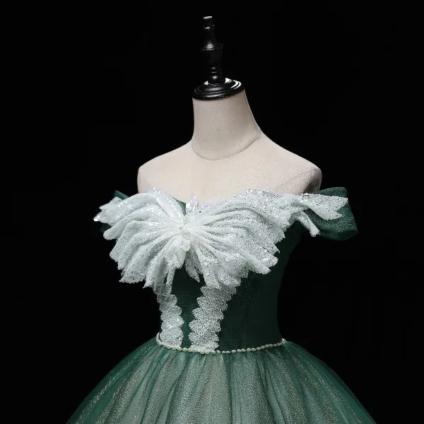 Elegant Dark Green Prom Dresses 2022 Ball Gown Off-The-Shoulder Short Sleeve Sequins Backless Pearl Bow Floor-Length / Long Formal Dresses