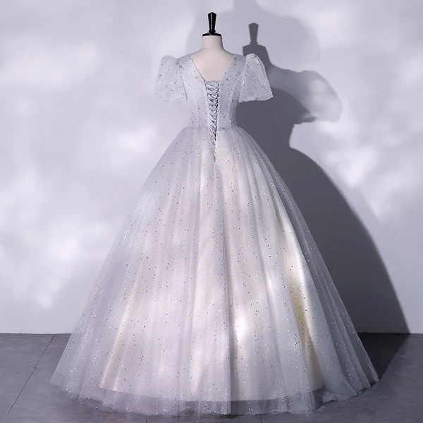 Chic / Beautiful Grey Sequins Prom Dresses 2022 Ball Gown V-Neck Puffy Short Sleeve Backless Floor-Length / Long Formal Dresses