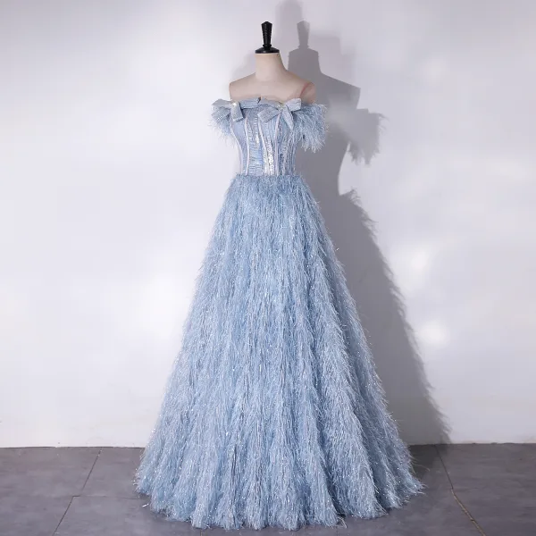 Fashion Sky Blue Tassel Rhinestone Bow Prom Dresses 2024 A-Line / Princess Strapless Sleeveless Backless Floor-Length / Long Prom Formal Dresses
