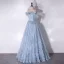 Fashion Sky Blue Tassel Rhinestone Bow Prom Dresses 2024 A-Line / Princess Strapless Sleeveless Backless Floor-Length / Long Prom Formal Dresses