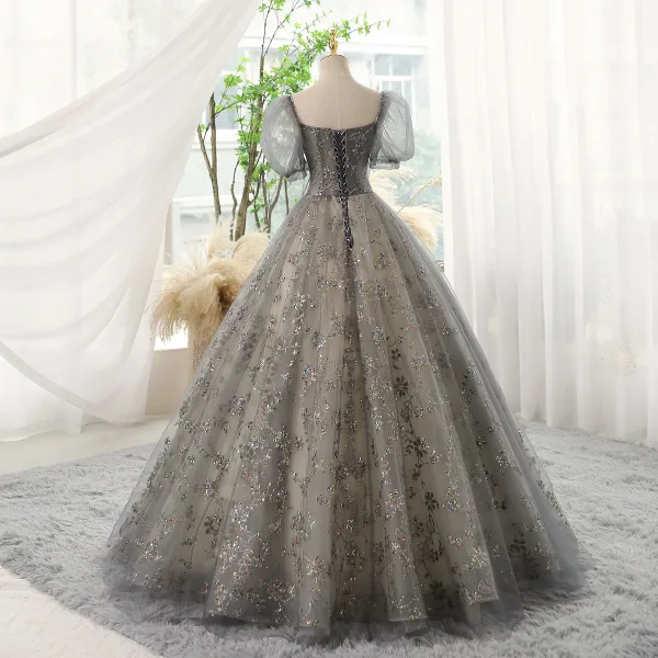 Chic / Belle Gris Perlage Paillettes Robe De Bal 2023 Robe Boule Encolure Carrée Manches Courtes Dos Nu Longue Promo Robe De Ceremonie