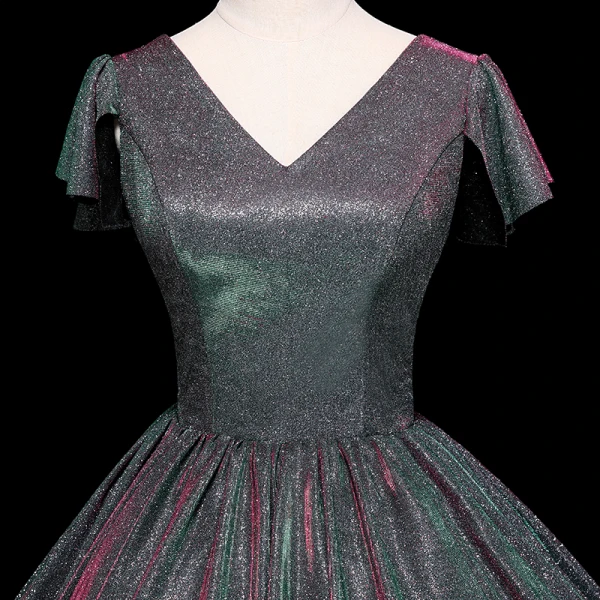 Vintage / Retro Silver Prom Dresses 2019 A-Line / Princess V-Neck Sequins Short Sleeve Backless Floor-Length / Long Formal Dresses
