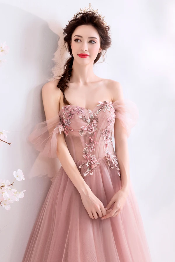 Chic / Beautiful Blushing Pink Prom Dresses 2019 A-Line / Princess Off-The-Shoulder Pearl Rhinestone Lace Chic / Beautiful Blushing Pink Prom Dresses 2019 A-Line / Princess Off-The-Shoulder Pearl Rhinestone Lace