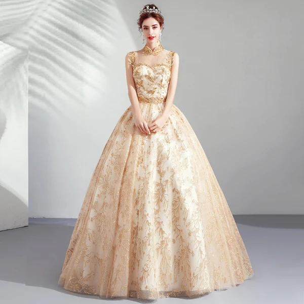 Élégant Doré Robe De Bal 2019 Princesse Col Haut Perlage Paillettes En Dentelle Fleur Sans Manches Dos Nu Longue Robe De Ceremonie