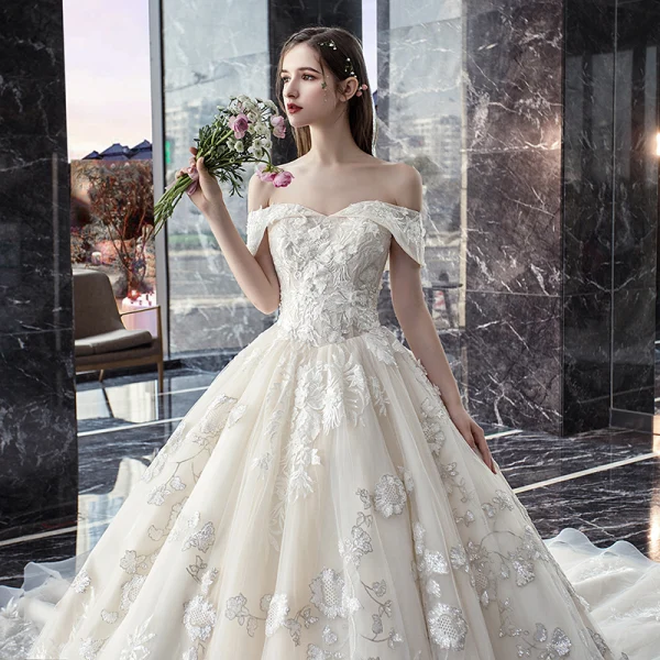 Classy Ivory Wedding Dresses 2019 Ball Gown Off-The-Shoulder Beading Sequins Lace Flower Short Sleeve Backless Cathedral Train