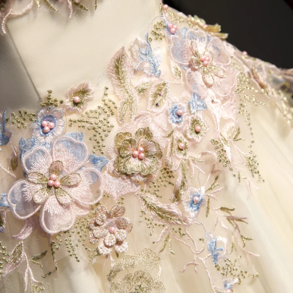 Elegant Champagne Prom Dresses 2019 A-Line / Princess Spaghetti Straps Pearl Lace Flower Appliques 1/2 Sleeves Backless Floor-Length / Long Formal Dresses