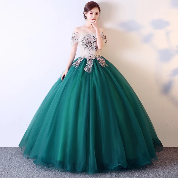 Elegant Dark Green Prom Dresses 2019 Ball Gown Off-The-Shoulder Appliques Lace Short Sleeve Backless Floor-Length / Long Formal Dresses