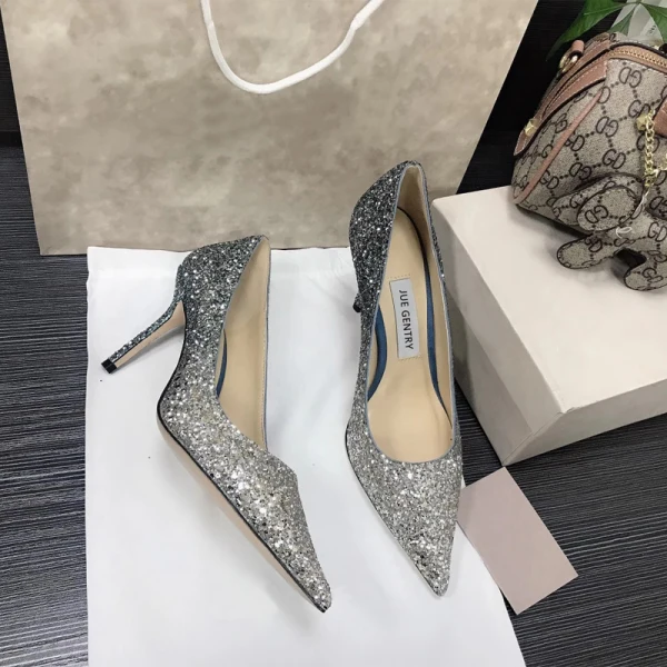 Glittrande Silver Afton Paljetter Pumps 2021 Läder 8 cm Stilettklackar Spetsiga Pumps Högklackade