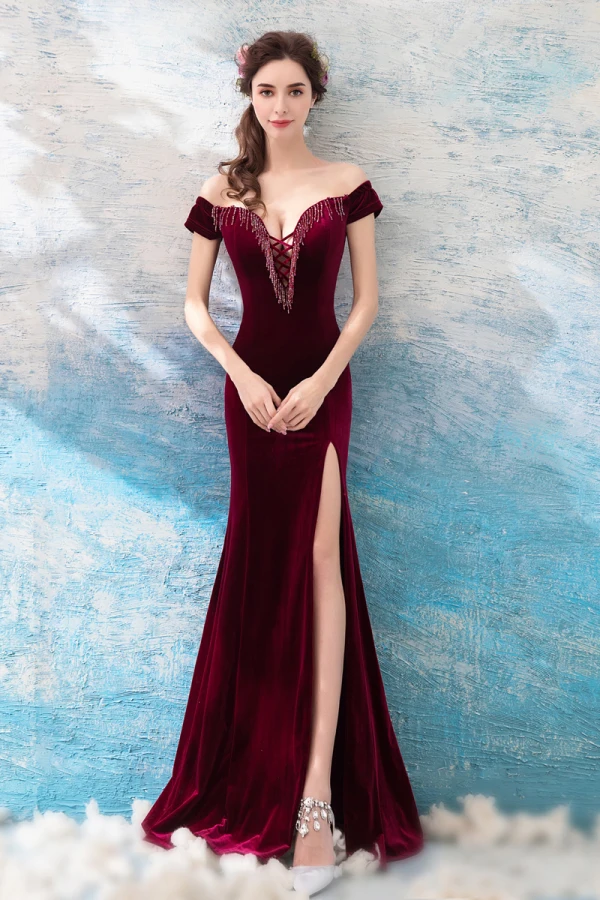 Sexy Burgundy Evening Dresses  2019 Trumpet / Mermaid Off-The-Shoulder Suede Beading Tassel Short Sleeve Backless Split Front Floor-Length / Long Formal Dresses