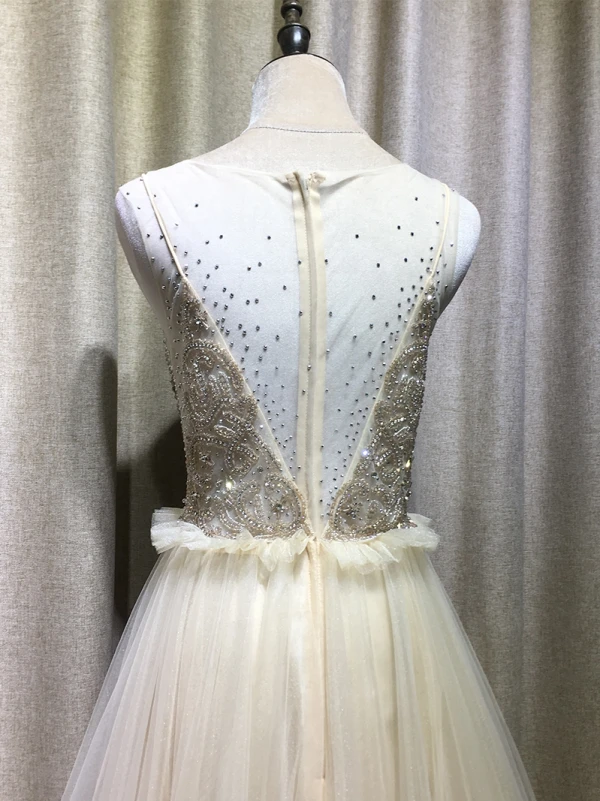 Chic / Beautiful Champagne Evening Dresses  2019 A-Line / Princess Scoop Neck Beading Crystal Rhinestone Sleeveless Pleated Floor-Length / Long Formal Dresses