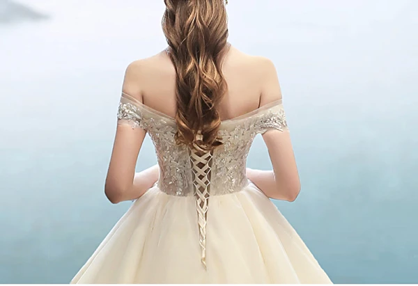 Classy Champagne Pregnant Wedding Dresses 2019 Off-The-Shoulder Beading Lace Flower Short Sleeve Backless Floor-Length / Long