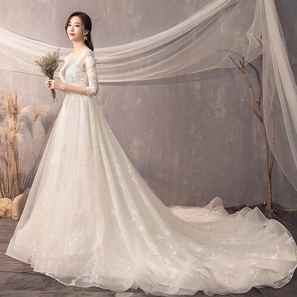 Charming Champagne Wedding Dresses 2019 A-Line / Princess Scoop Neck Star Lace Flower 3/4 Sleeve Backless Court Train