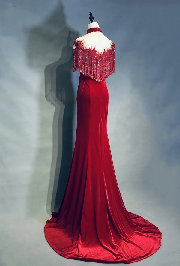 Luxury / Gorgeous Burgundy Handmade Beading Tassel Evening Dresses 2019 Trumpet / Mermaid High Neck Suede Sash Lace Flower Short Sleeve Sweep Train Formal Dresses