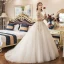Élégant Champagne Robe De Mariée 2019 Robe Boule Encolure Carrée Perlage Paillettes En Dentelle Fleur Manches Courtes Dos Nu Train De Balayage