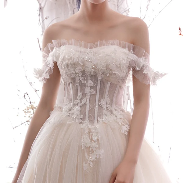 Chic Champagne Robe De Mariée 2019 Princesse De l'épaule Paillettes En Dentelle Fleur Sans Manches Dos Nu Train De Balayage