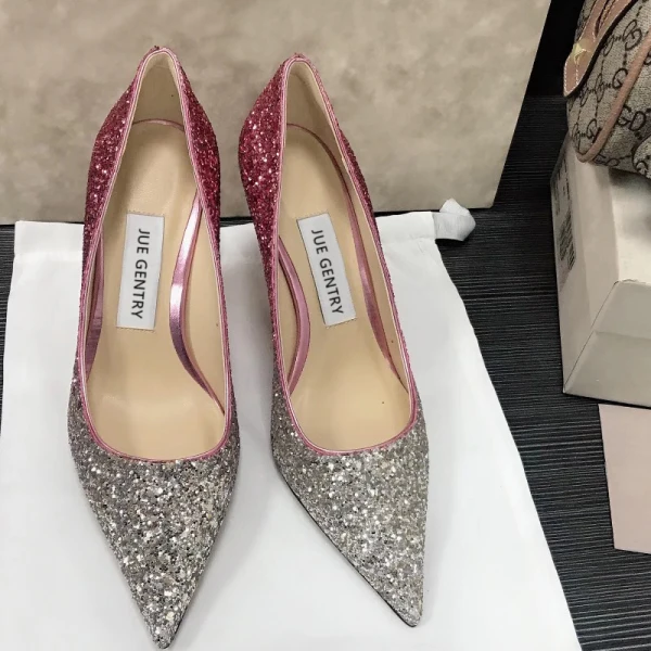 Glittrande Silver Purple Gradient-Färg Afton Pumps Läder 2021 Paljetter 8 cm Stilettklackar Spetsiga Pumps Högklackade