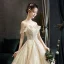 Luxury / Gorgeous Champagne Wedding Dresses 2019 A-Line / Princess Off-The-Shoulder Beading Lace Flower Sequins Short Sleeve Backless