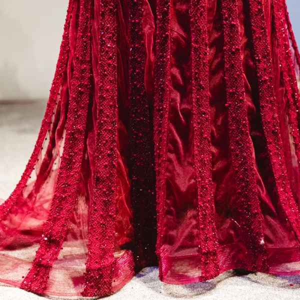 Luxury / Gorgeous Burgundy Handmade  Beading Evening Dresses  2019 Trumpet / Mermaid Scoop Neck Crystal Tassel Lace Flower Short Sleeve Sweep Train Formal Dresses