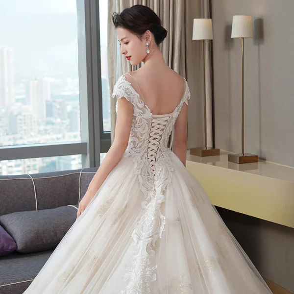 Luxury / Gorgeous Champagne Wedding Dresses 2019 A-Line / Princess V-Neck Beading Sequins Lace Flower Short Sleeve Backless Cathedral Train