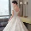 Luxury / Gorgeous Champagne Wedding Dresses 2019 A-Line / Princess V-Neck Beading Sequins Lace Flower Short Sleeve Backless Cathedral Train
