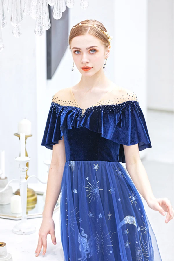 Chic / Beautiful Royal Blue Evening Dresses 2019 A-Line / Princess Suede V-Neck Star Sequins Rhinestone Short Sleeve Backless Ankle Length Formal Dresses
